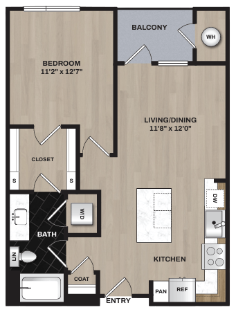 Floor plan for 1 bed, 1 bath, 715 sqft